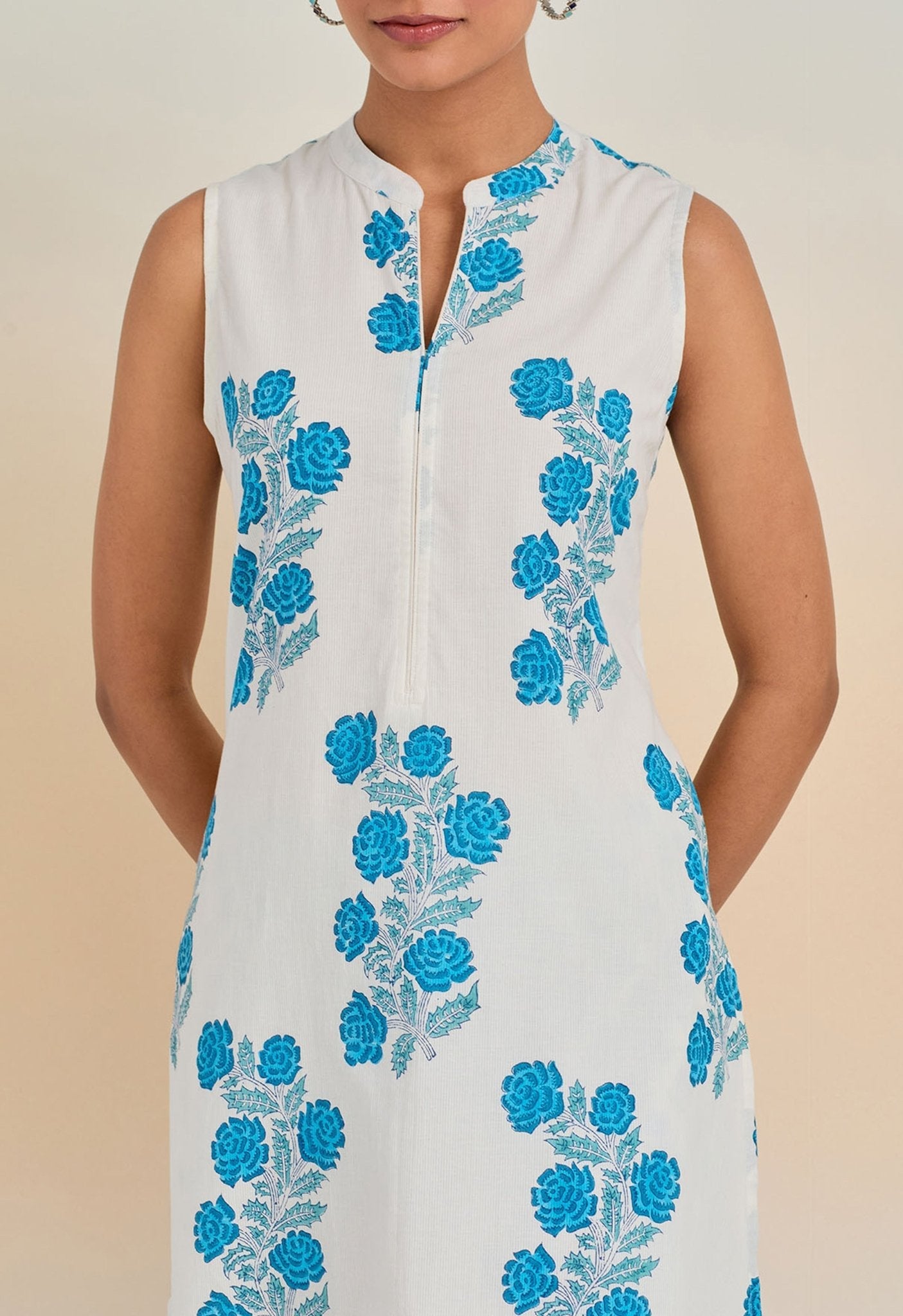 WHITE BLUE ROSE HAND BLOCK PRINTED COORD SET - Tara-C-Tara