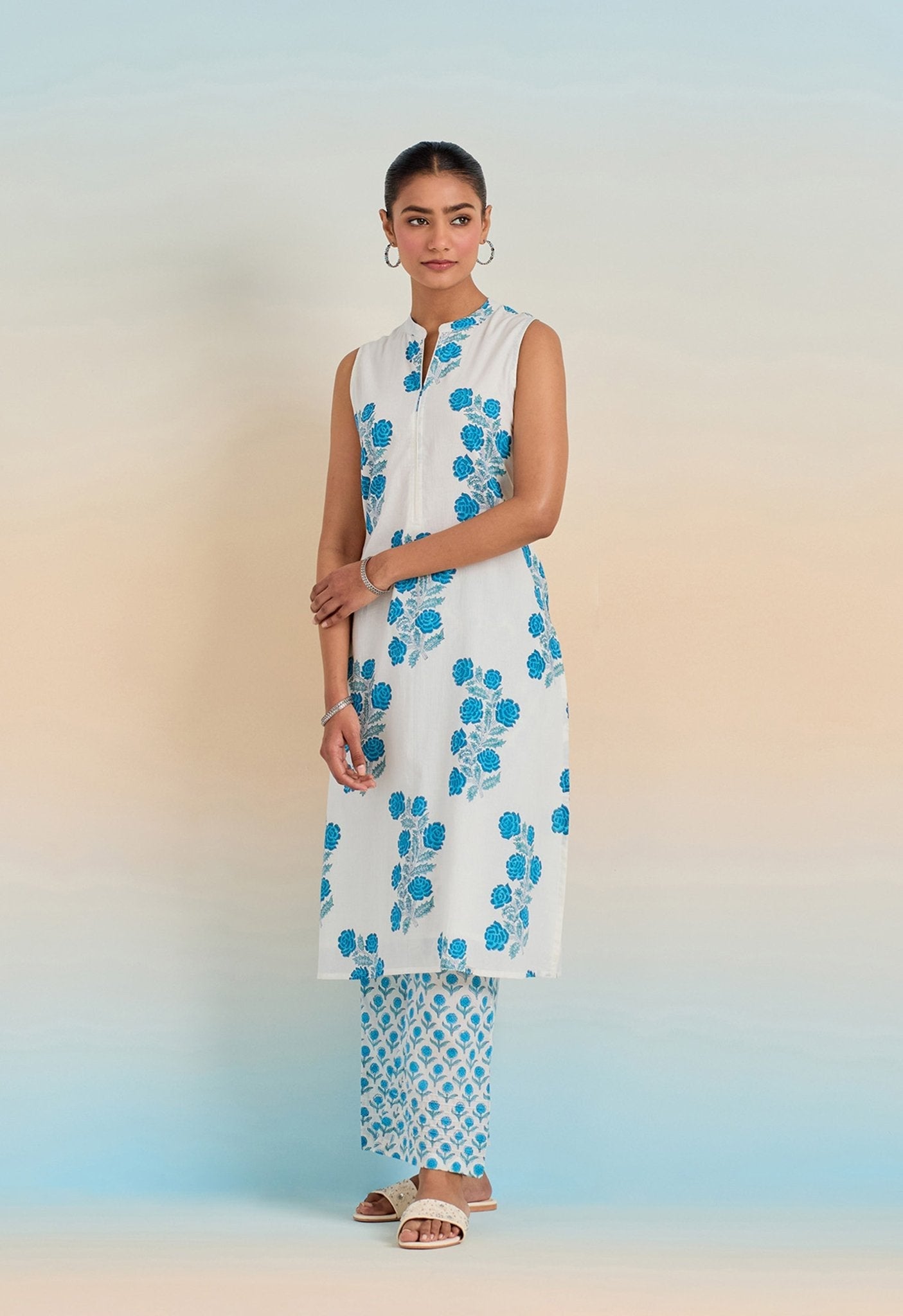 WHITE BLUE ROSE HAND BLOCK PRINTED COORD SET - Tara-C-Tara