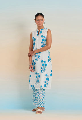 WHITE BLUE ROSE HAND BLOCK PRINTED COORD SET - Tara-C-Tara