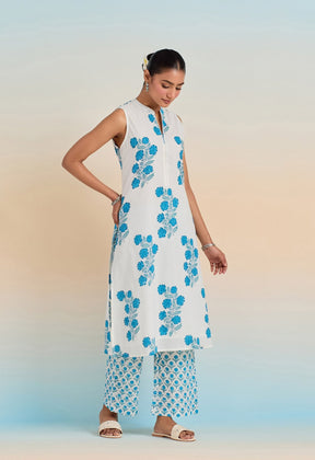 WHITE BLUE ROSE HAND BLOCK PRINTED COORD SET - Tara-C-Tara