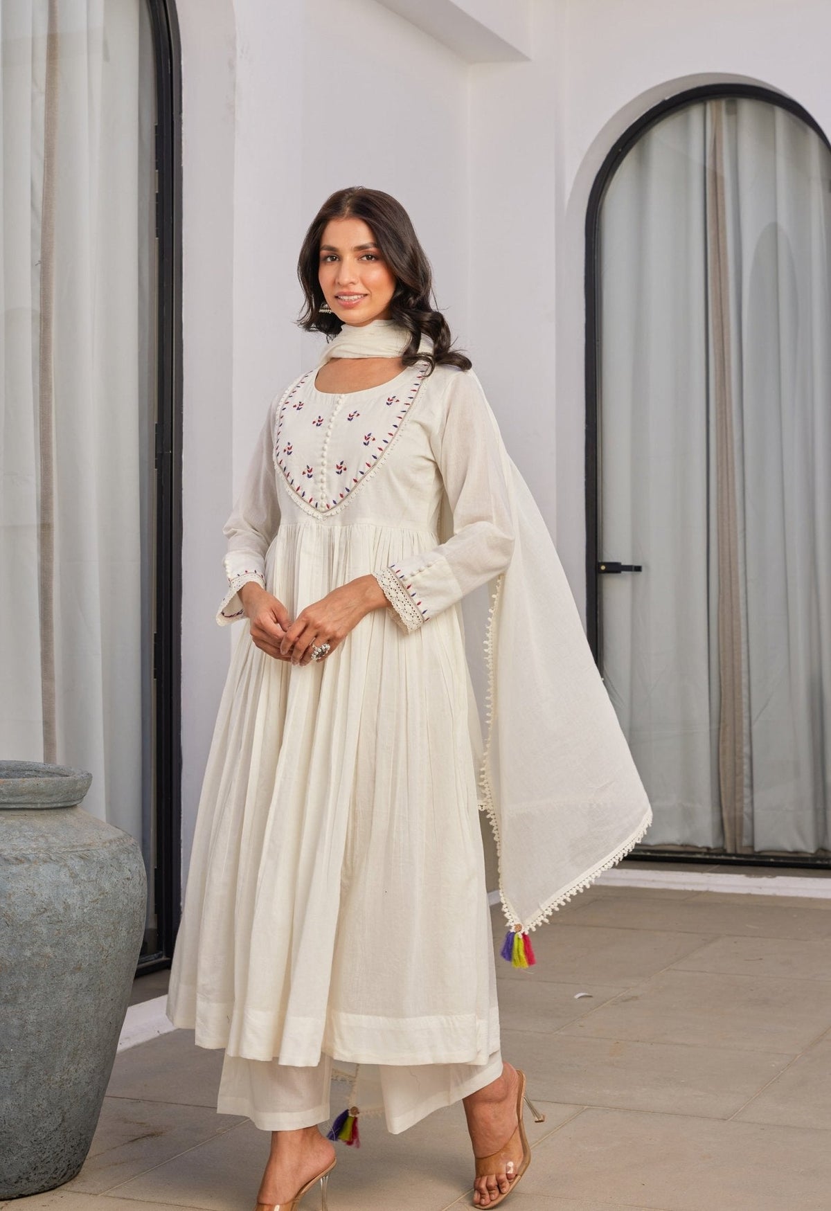White Cotton Mulmul Anarkali Kurta Set With Dupatta - Tara - C - Tara