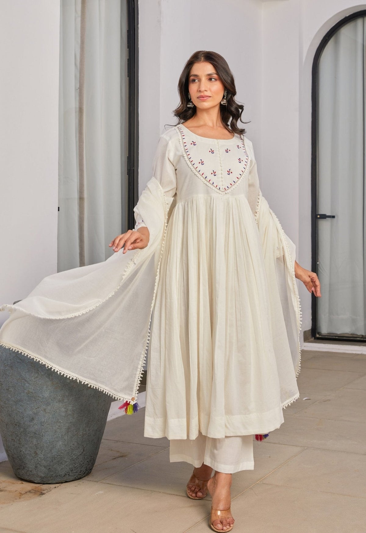 White Cotton Mulmul Anarkali Kurta Set With Dupatta - Tara - C - Tara