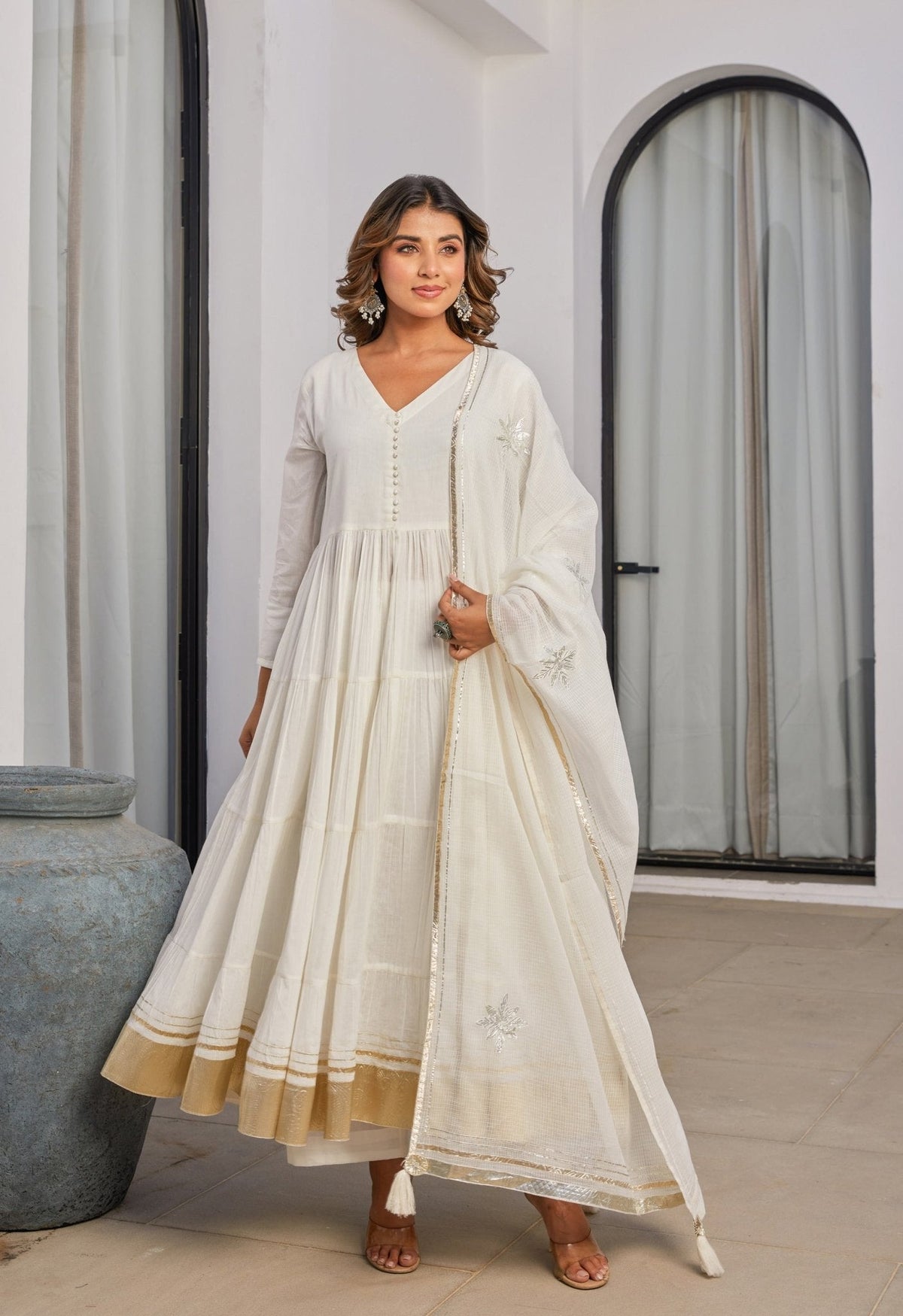 White Cotton Mulmul Tiered kurta Set With Dupatta - Tara - C - Tara