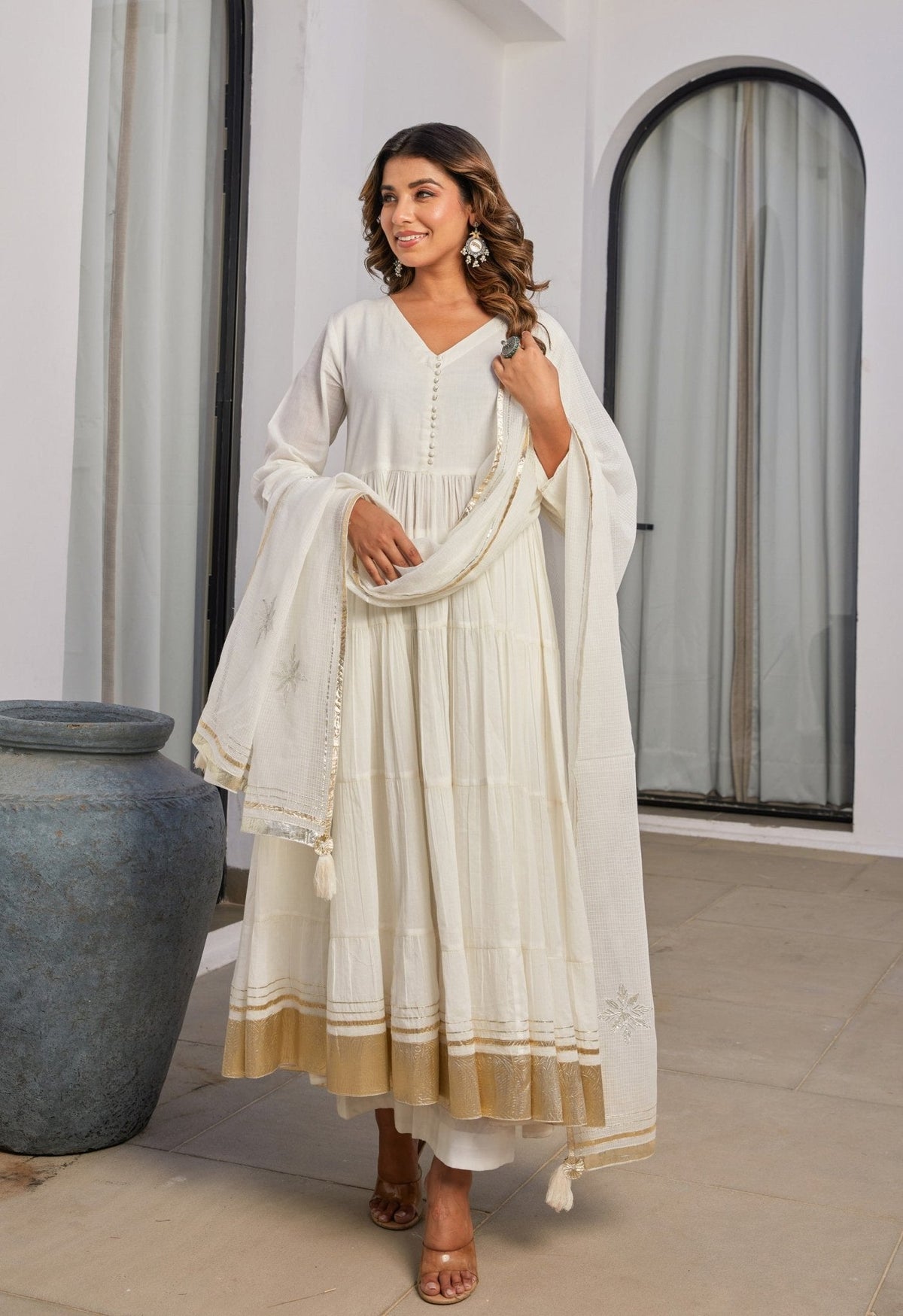 White Cotton Mulmul Tiered kurta Set With Dupatta - Tara - C - Tara