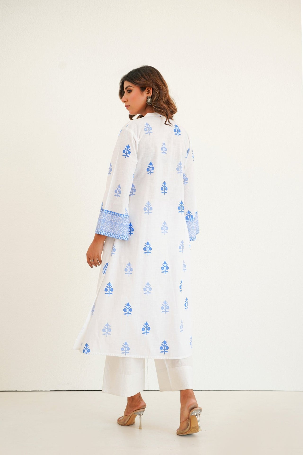 White Cotton Slub Buti Print Kurta Set with Culottes - Tara - C - Tara