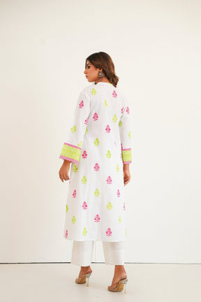 White Cotton Slub Buti Print Kurta Set with Culottes - Tara - C - Tara