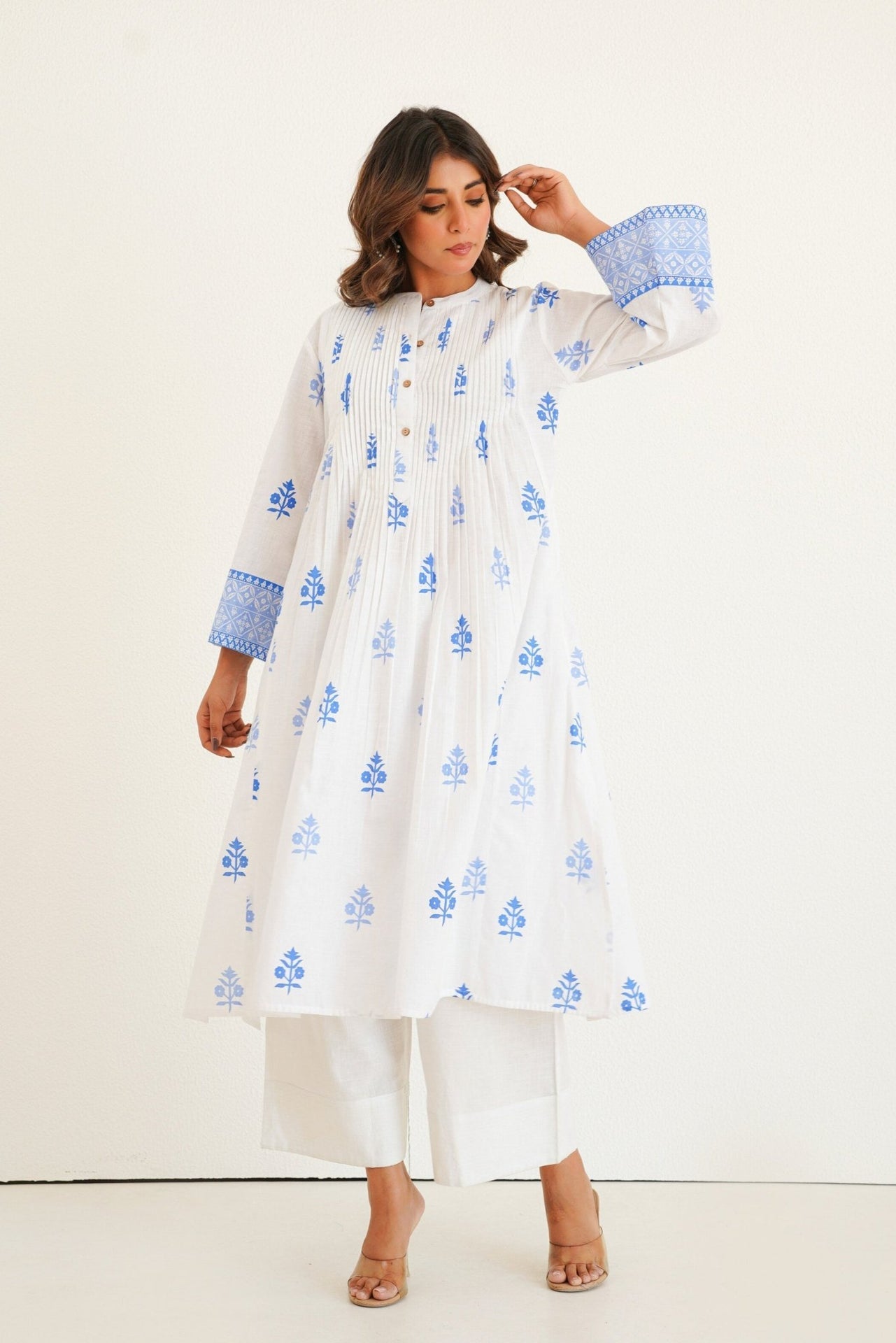 White Cotton Slub Buti Print Kurta Set with Culottes - Tara - C - Tara