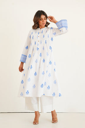 White Cotton Slub Buti Print Kurta Set with Culottes - Tara - C - Tara