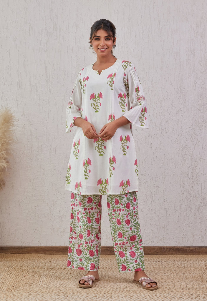 White Floral Buta hand Block Printed Co-ord set - Tara-C-Tara