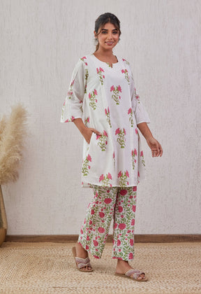 White Floral Buta hand Block Printed Co-ord set - Tara-C-Tara