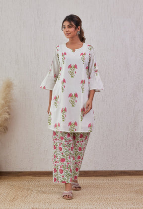 White Floral Buta hand Block Printed Co-ord set - Tara-C-Tara