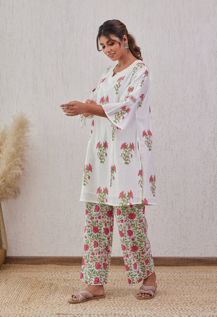 White Floral Buta hand Block Printed Co-ord set - Tara-C-Tara