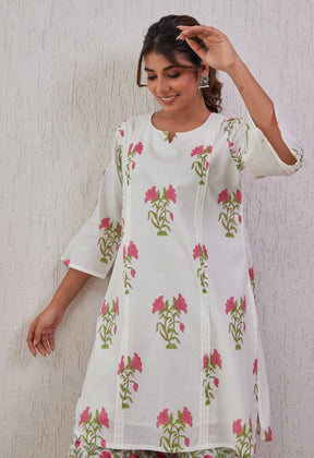 White Floral Buta hand Block Printed Co-ord set - Tara-C-Tara