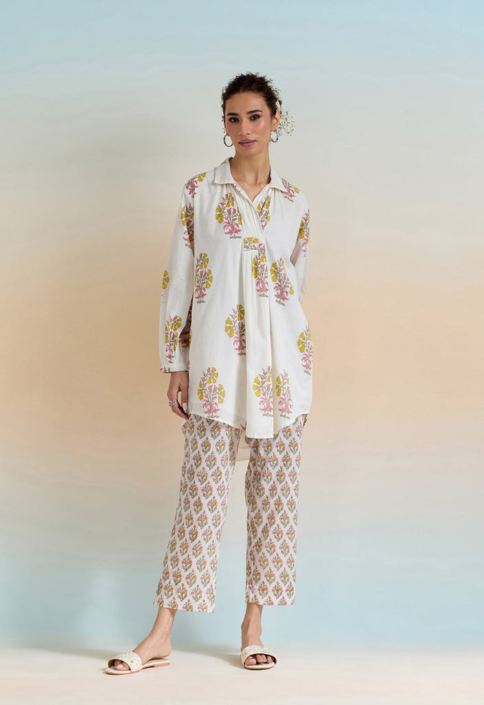 WHITE FLORAL HAND BLOCK PRINTED COORD SET - Tara - C - Tara