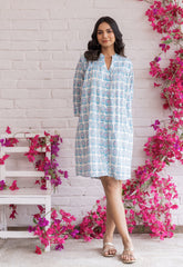 WHITE FLORAL HAND BLOCK PRINTED SHIRT DRESS - Tara - C - Tara