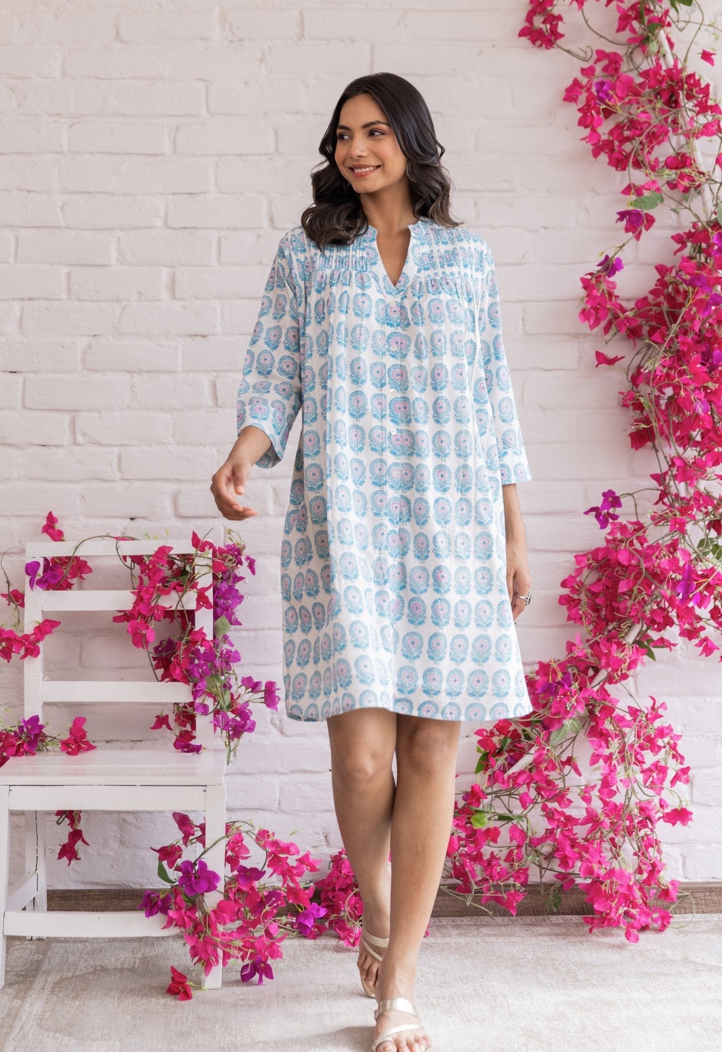 WHITE FLORAL HAND BLOCK PRINTED SHIRT DRESS - Tara - C - Tara