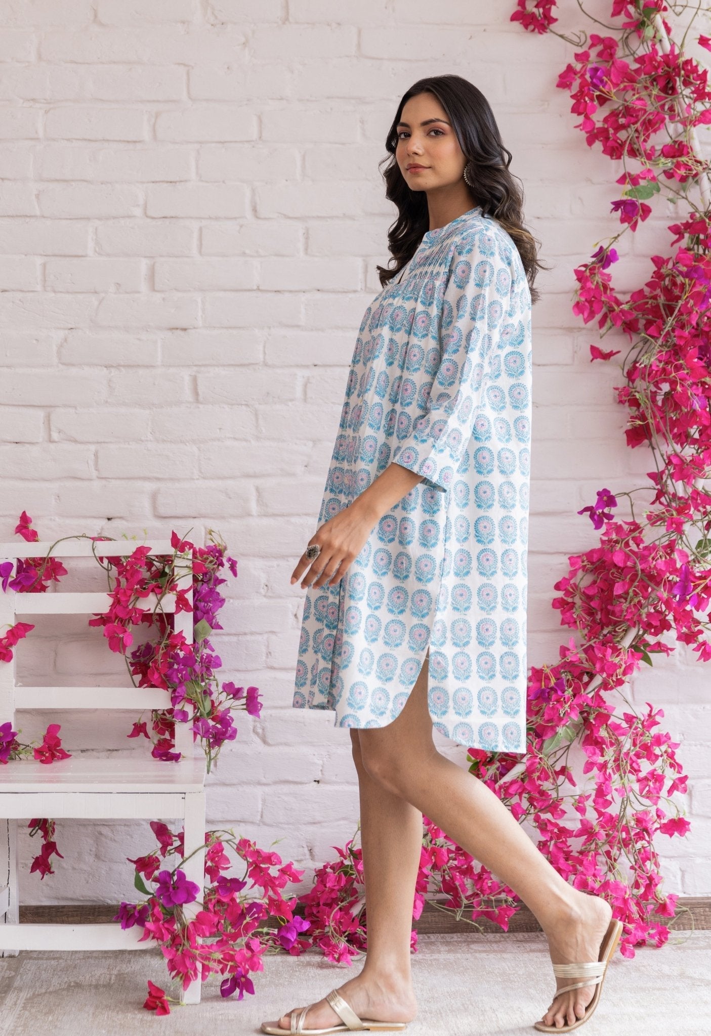 WHITE FLORAL HAND BLOCK PRINTED SHIRT DRESS - Tara - C - Tara