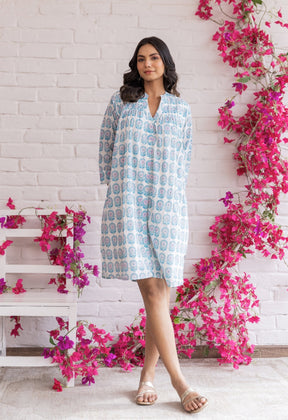 WHITE FLORAL HAND BLOCK PRINTED SHIRT DRESS - Tara - C - Tara