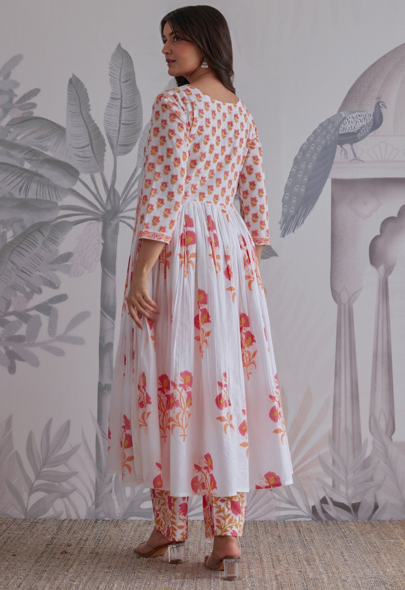 White Floral Printed Anarkali Suit Set - Tara - C - Tara