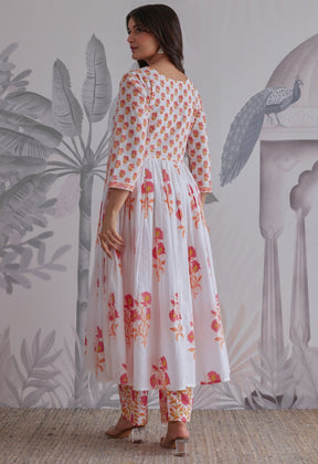 White Floral Printed Anarkali Suit Set - Tara - C - Tara