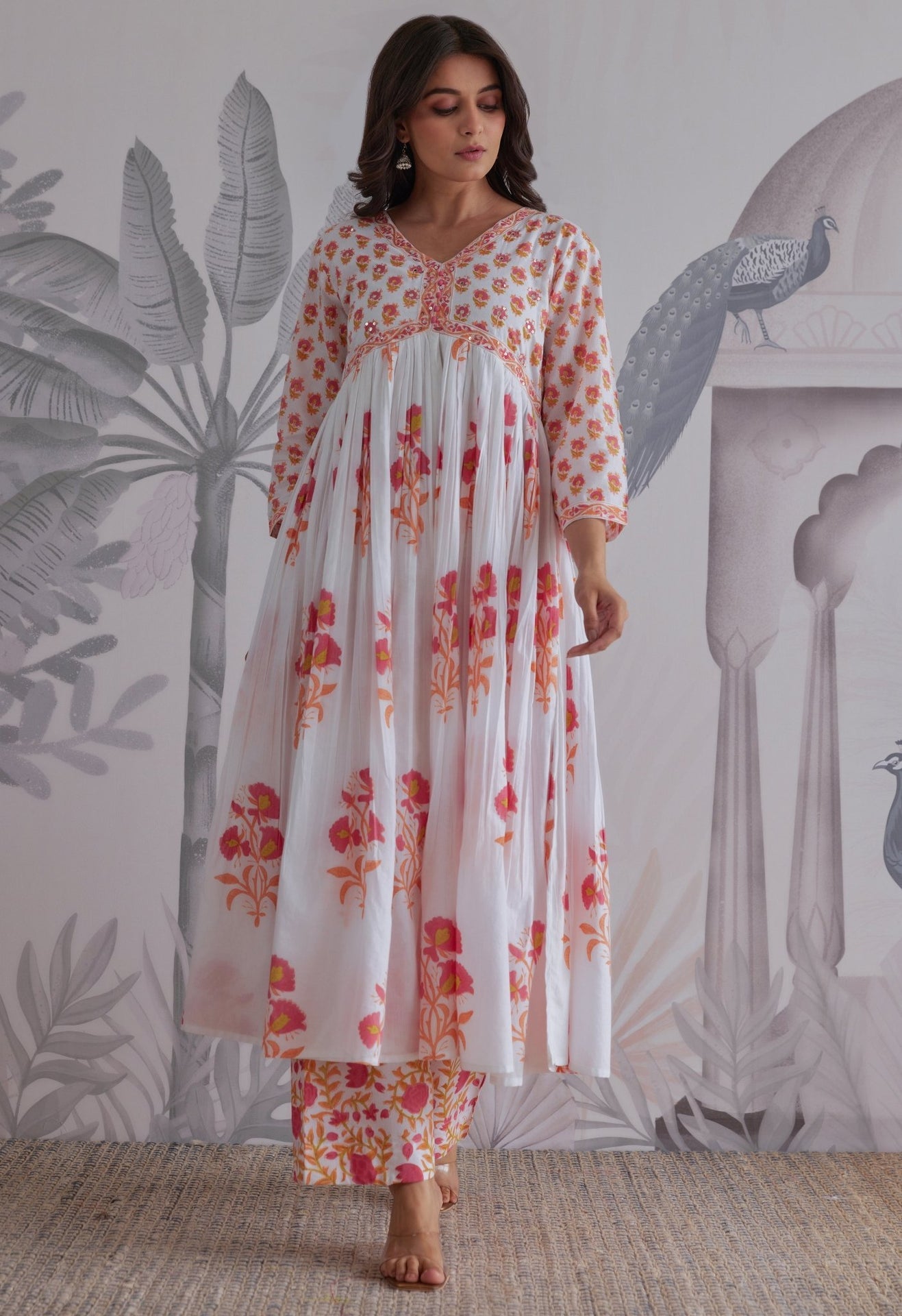 White Floral Printed Anarkali Suit Set - Tara - C - Tara