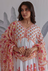 White Floral Printed Anarkali Suit Set - Tara - C - Tara