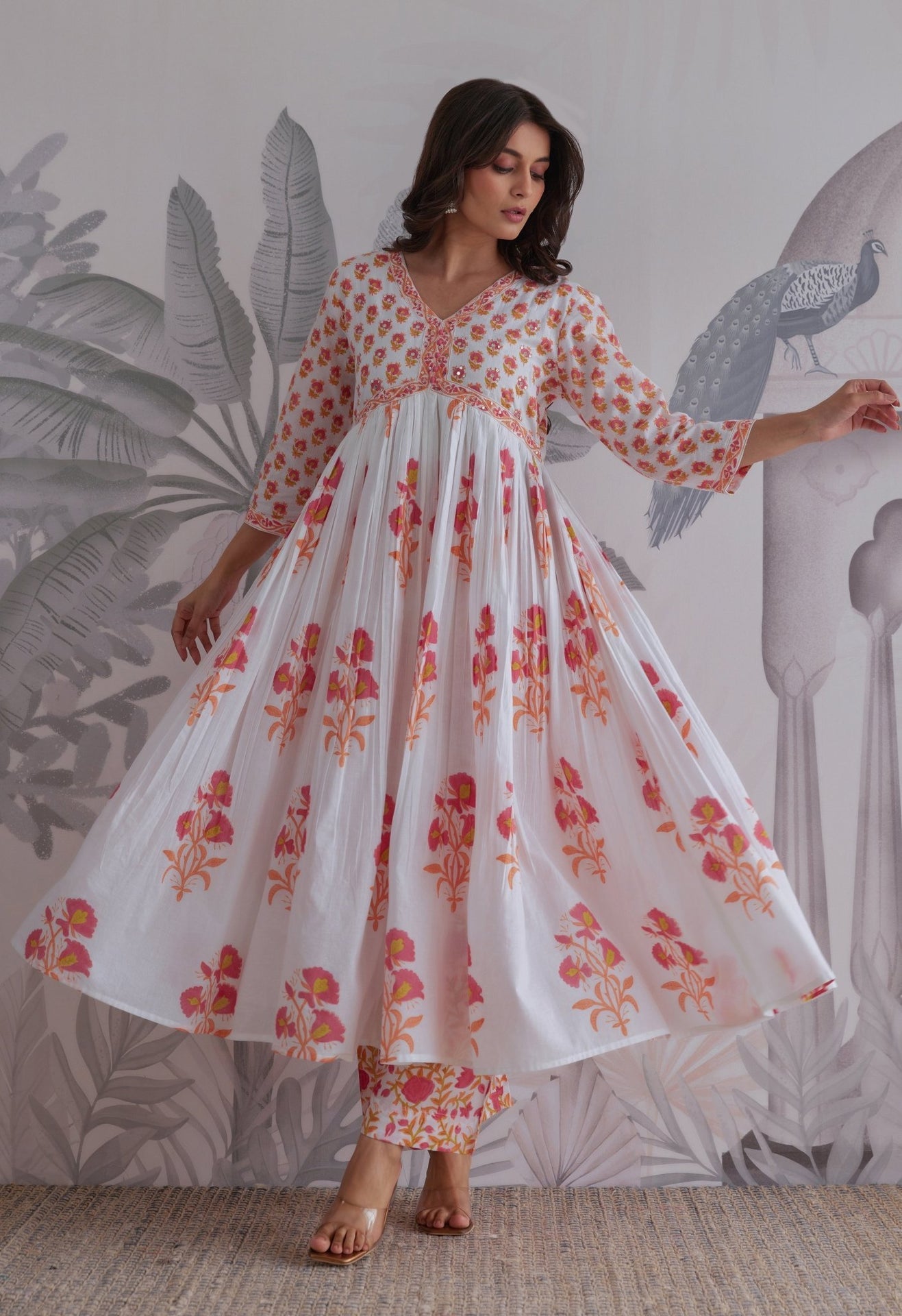 White Floral Printed Anarkali Suit Set - Tara - C - Tara