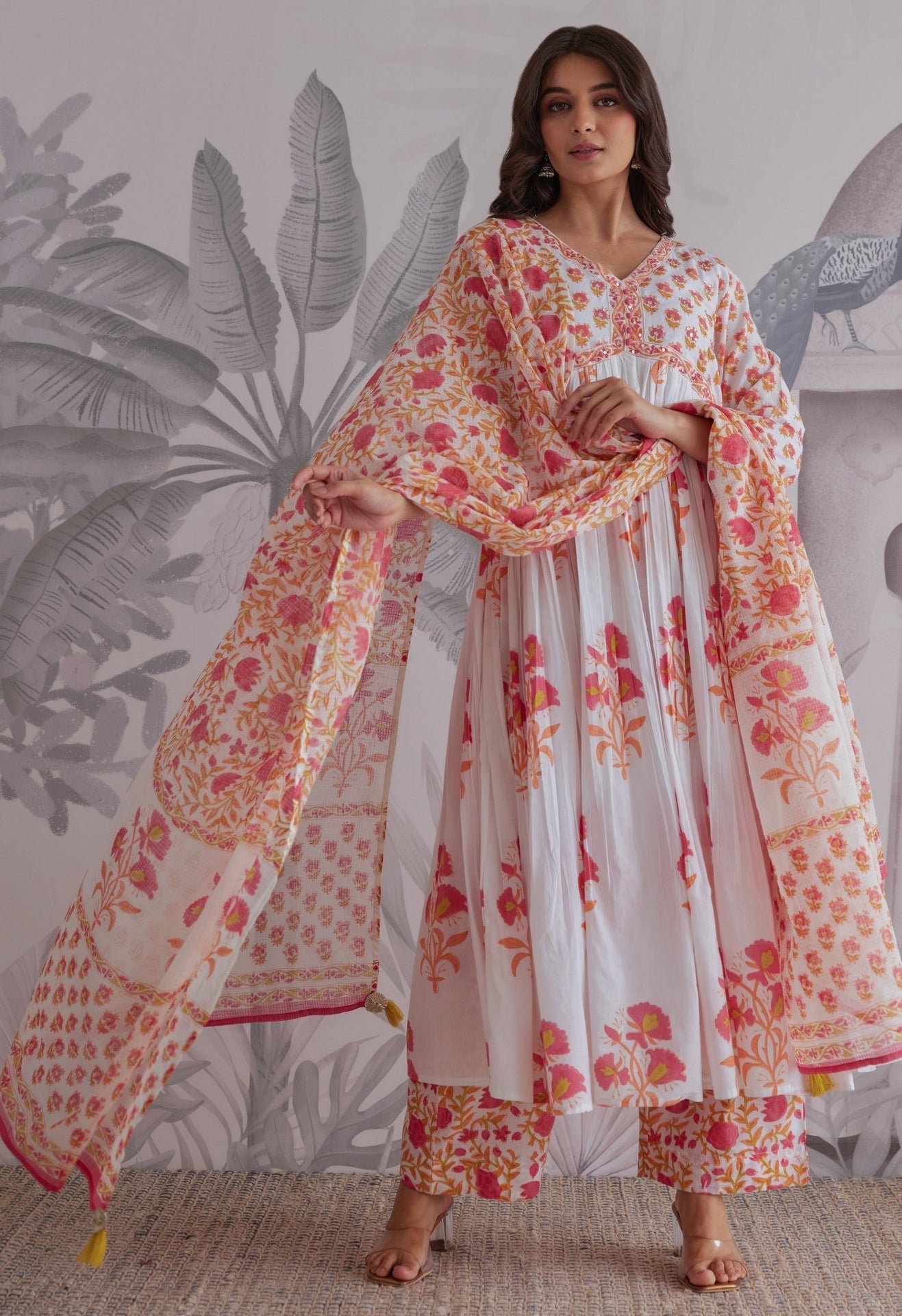 White Floral Printed Anarkali Suit Set - Tara - C - Tara