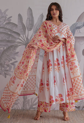 White Floral Printed Anarkali Suit Set - Tara - C - Tara