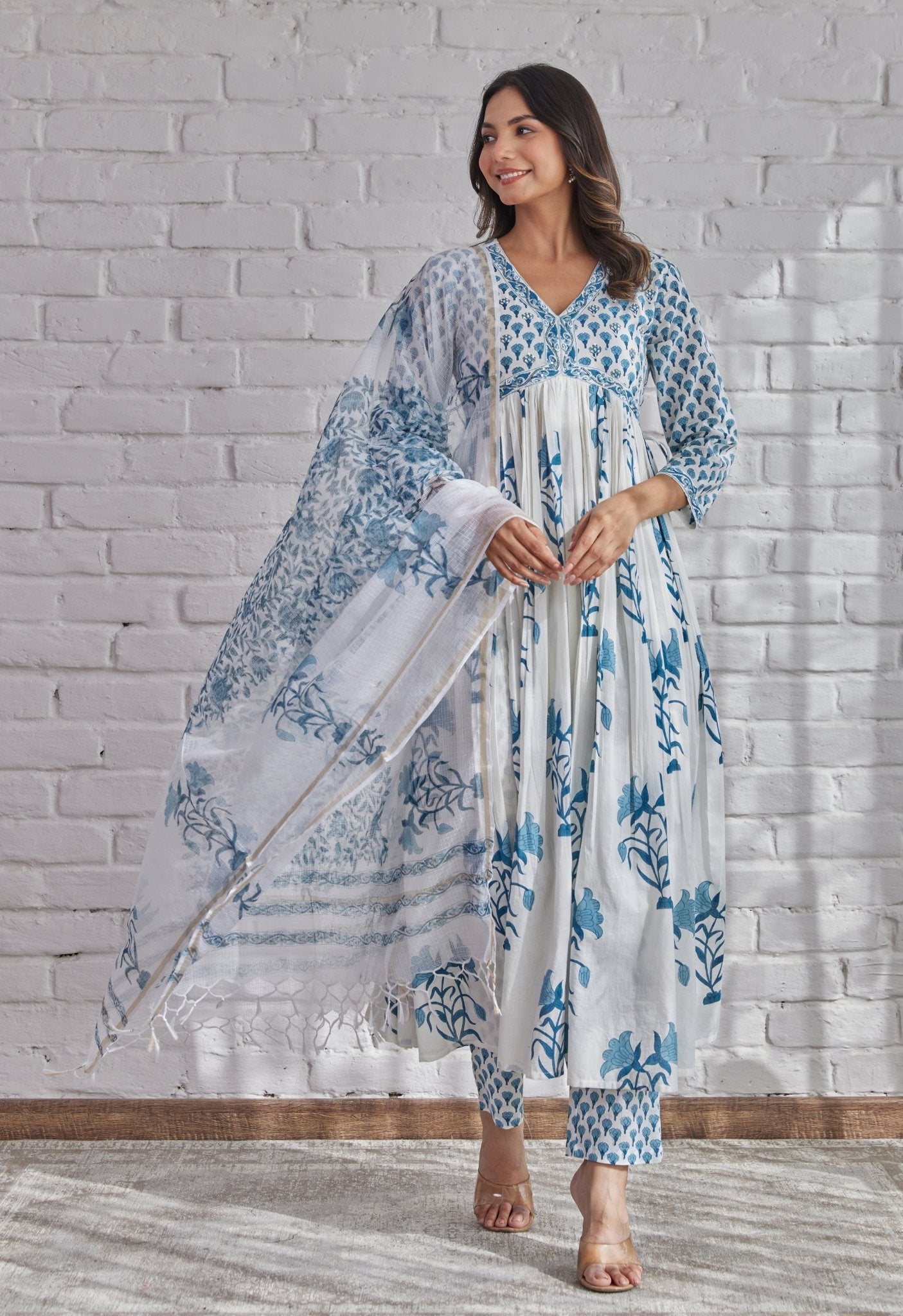 White Floral Printed Hand Block Printed Cotton kurta set with Dupatta - Tara-C-Tara