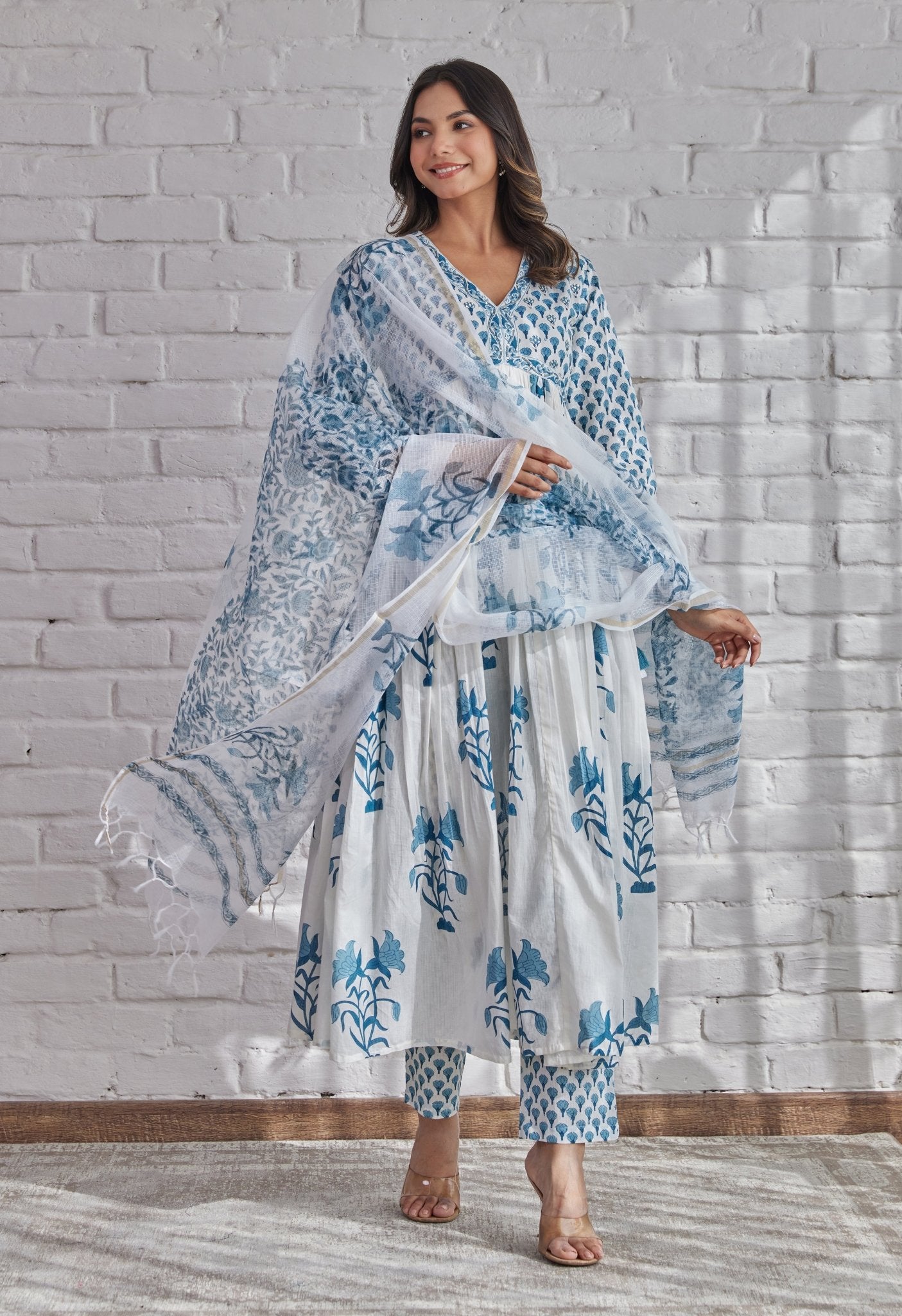 White Floral Printed Hand Block Printed Cotton kurta set with Dupatta - Tara-C-Tara