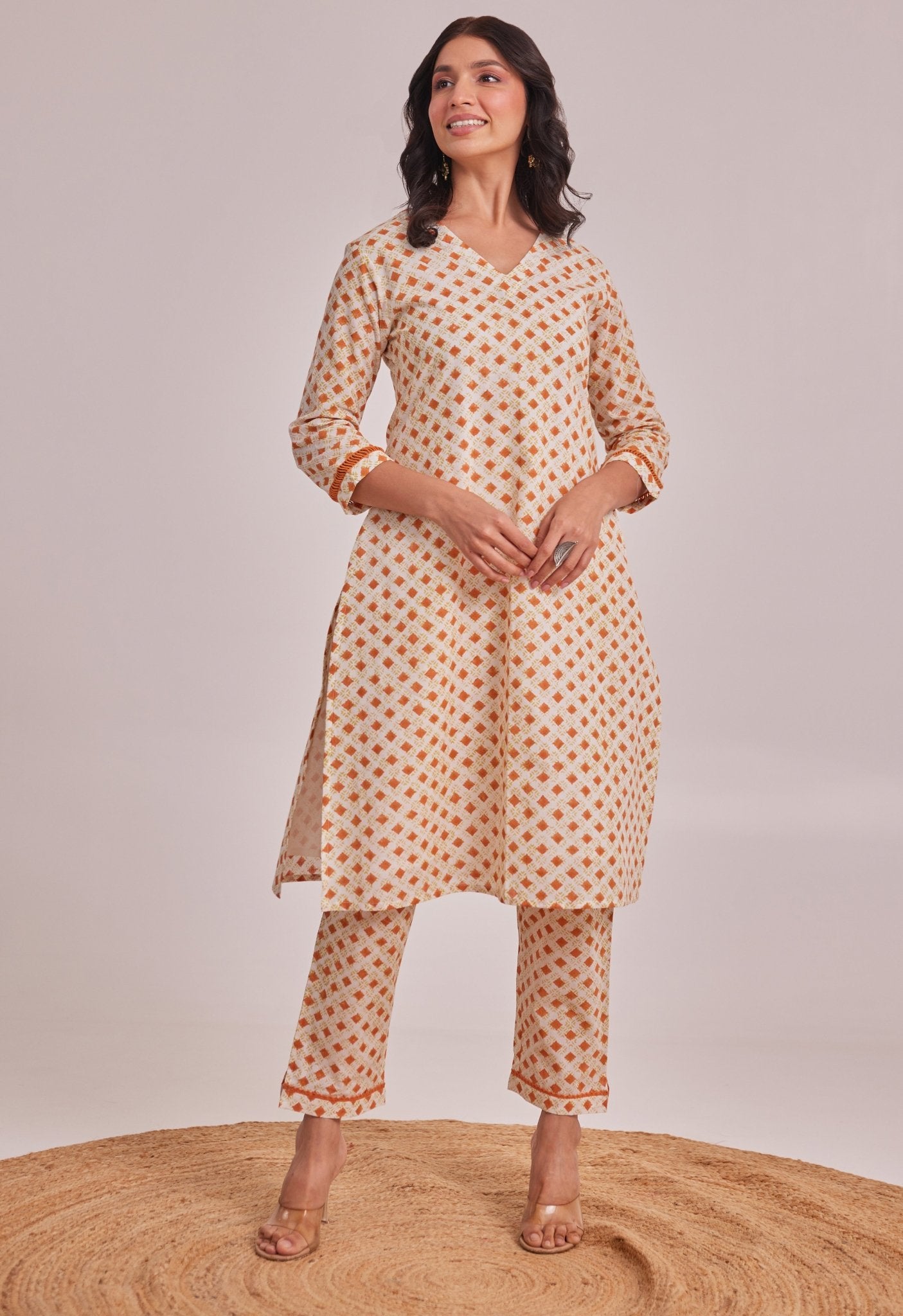 White Geometerical Hand Block Printed Coord Set - Tara - C - Tara