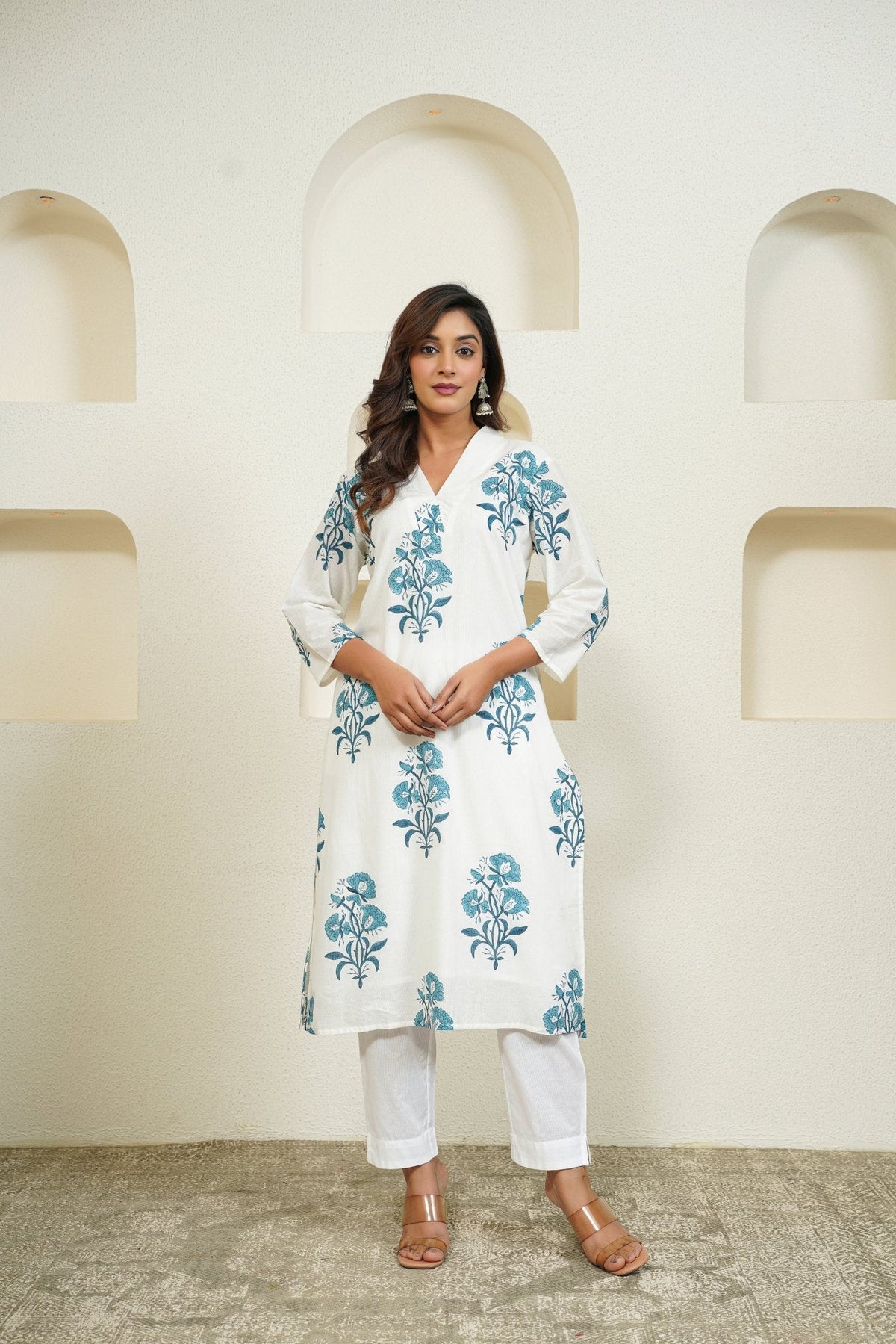 White Hand Block Floral Buta Printed Kurta with Lining - Tara - C - Tara