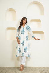White Hand Block Floral Buta Printed Kurta with Lining - Tara - C - Tara