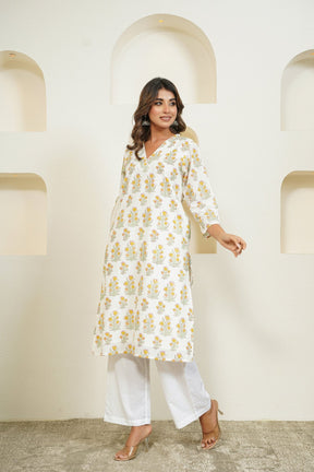 White Hand Block Floral Printed Kurta with Lining - Tara - C - Tara