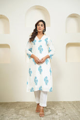 White Hand Block Floral Printed Kurta with Lining - Tara - C - Tara