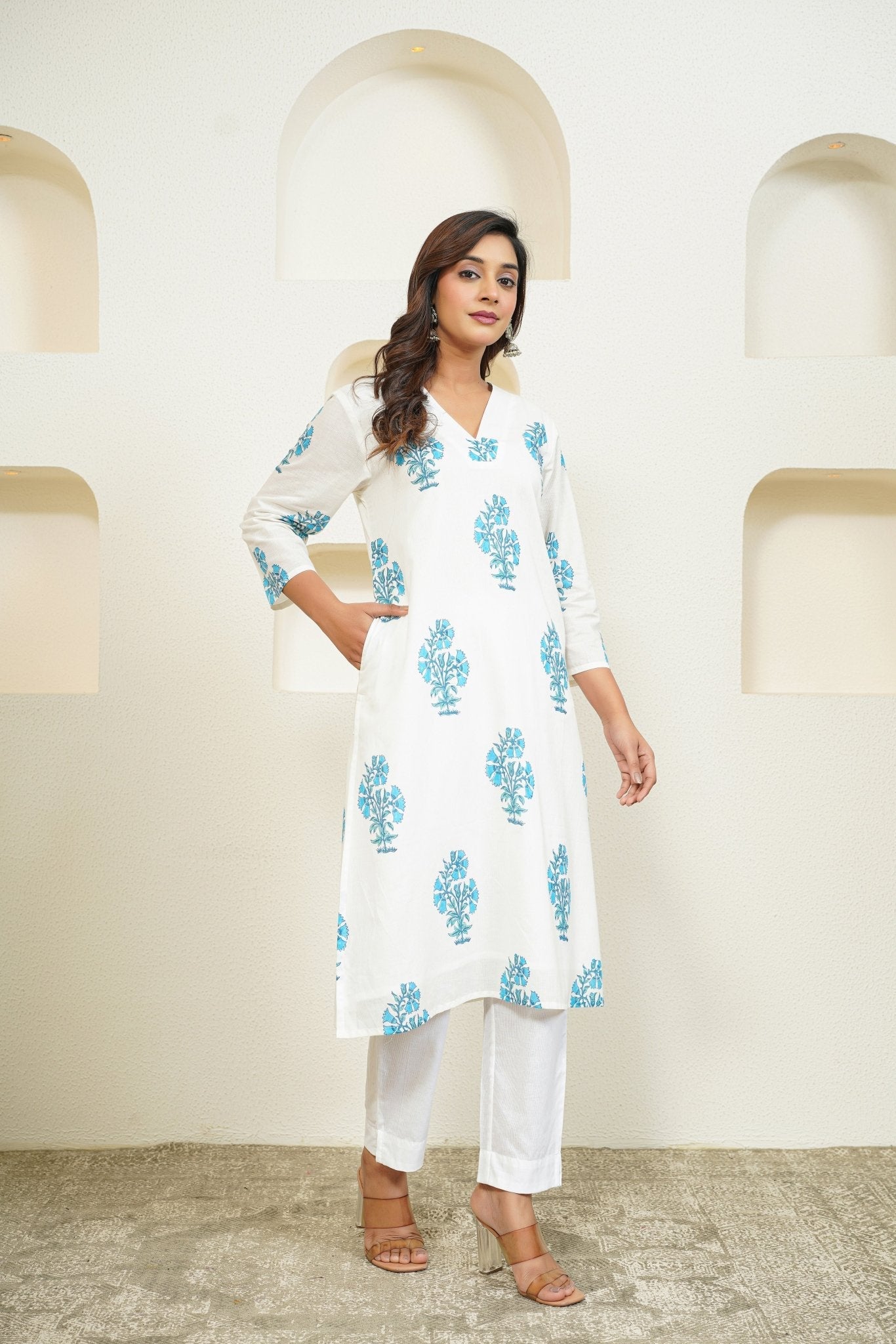 White Hand Block Floral Printed Kurta with Lining - Tara - C - Tara