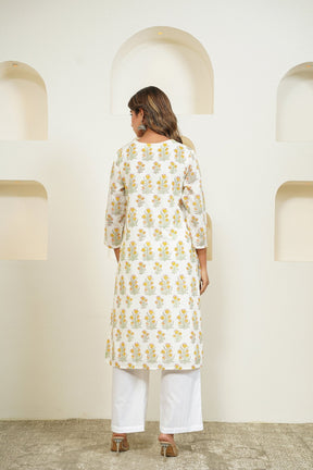 White Hand Block Floral Printed Kurta with Lining - Tara - C - Tara