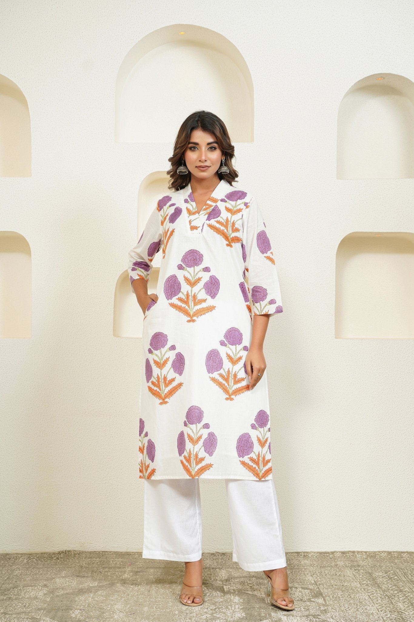 White Hand Block Floral Printed Kurta with Lining - Tara - C - Tara