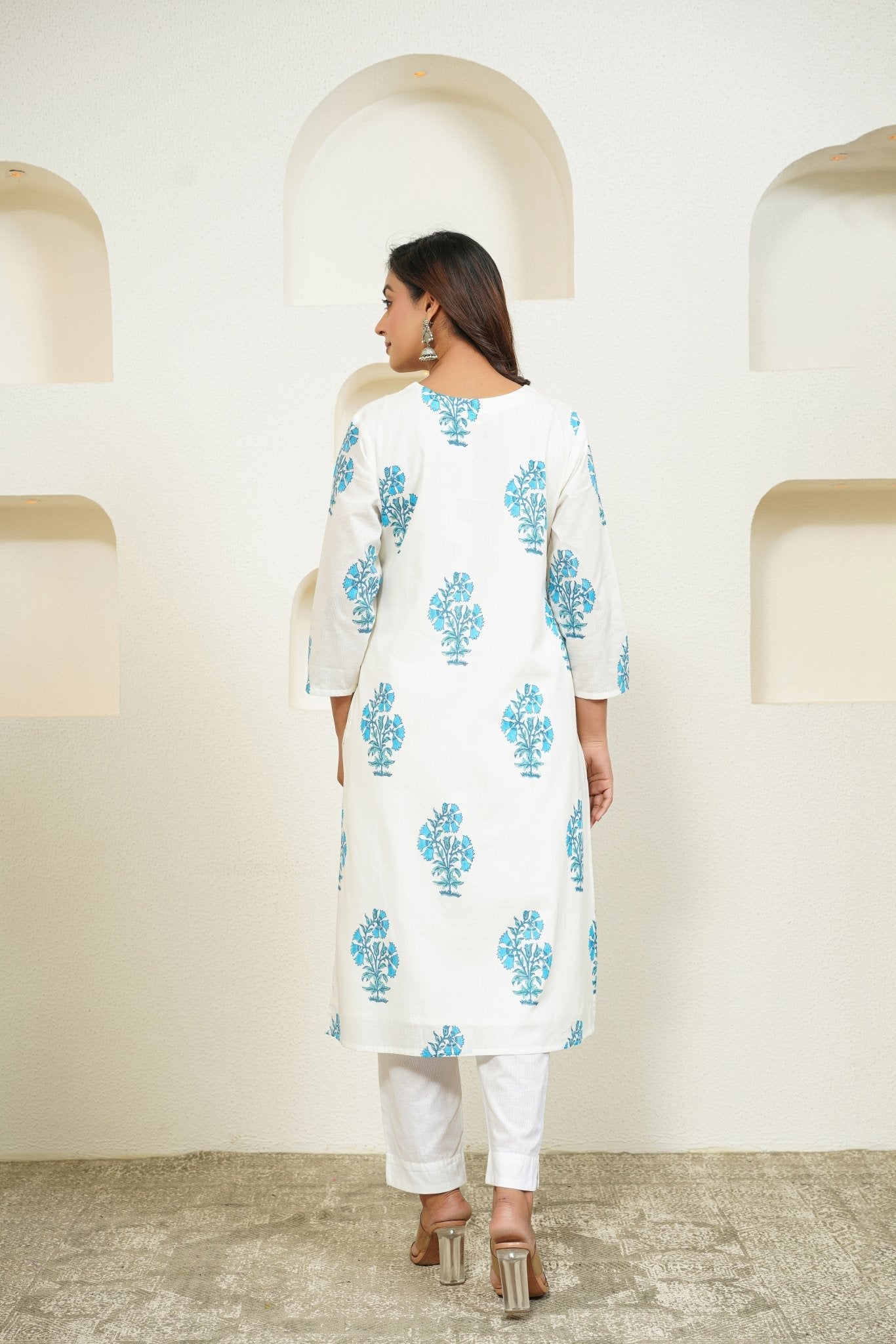 White Hand Block Floral Printed Kurta with Lining - Tara - C - Tara