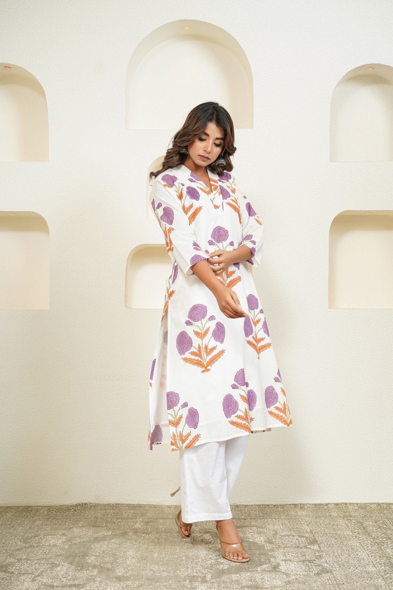 White Hand Block Floral Printed Kurta with Lining - Tara - C - Tara