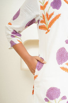 White Hand Block Floral Printed Kurta with Lining - Tara - C - Tara