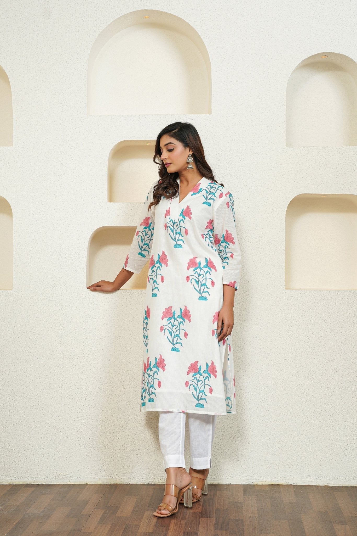 White Hand Block Floral Printed Kurta with Lining - Tara - C - Tara