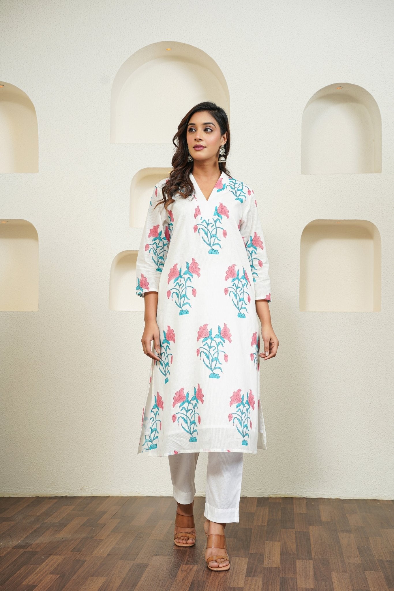 White Hand Block Floral Printed Kurta with Lining - Tara - C - Tara