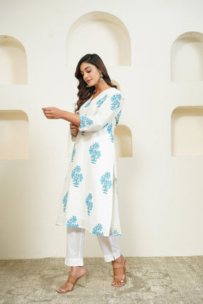 White Hand Block Floral Printed Kurta with Lining - Tara - C - Tara