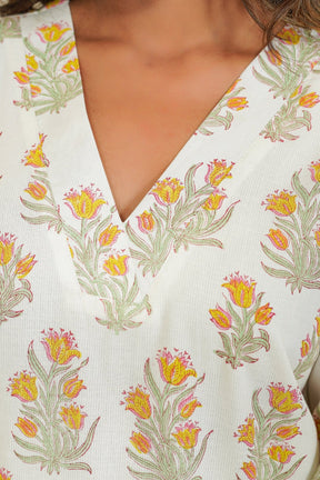 White Hand Block Floral Printed Kurta with Lining - Tara - C - Tara