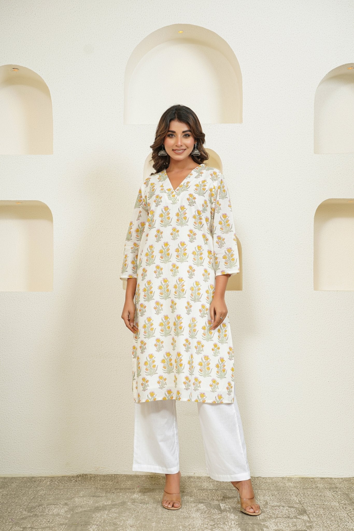 White Hand Block Floral Printed Kurta with Lining - Tara - C - Tara