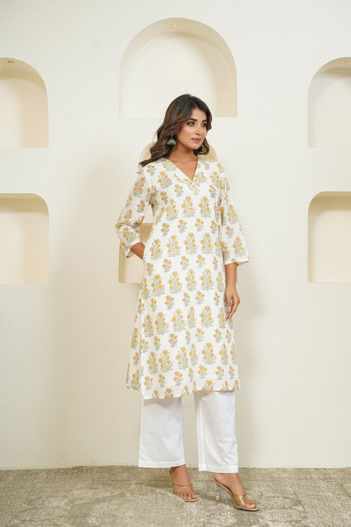 White Hand Block Floral Printed Kurta with Lining - Tara - C - Tara