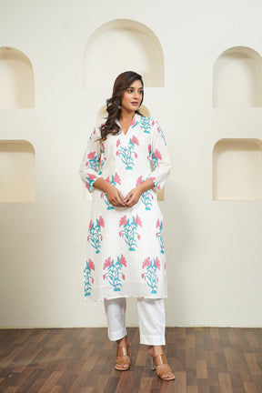 White Hand Block Floral Printed Kurta with Lining - Tara - C - Tara