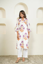 White Hand Block Floral Printed Kurta with Lining - Tara - C - Tara